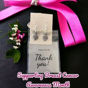 Handmade Silver guardian angel charm earrings supporting Breast Cancer awareness